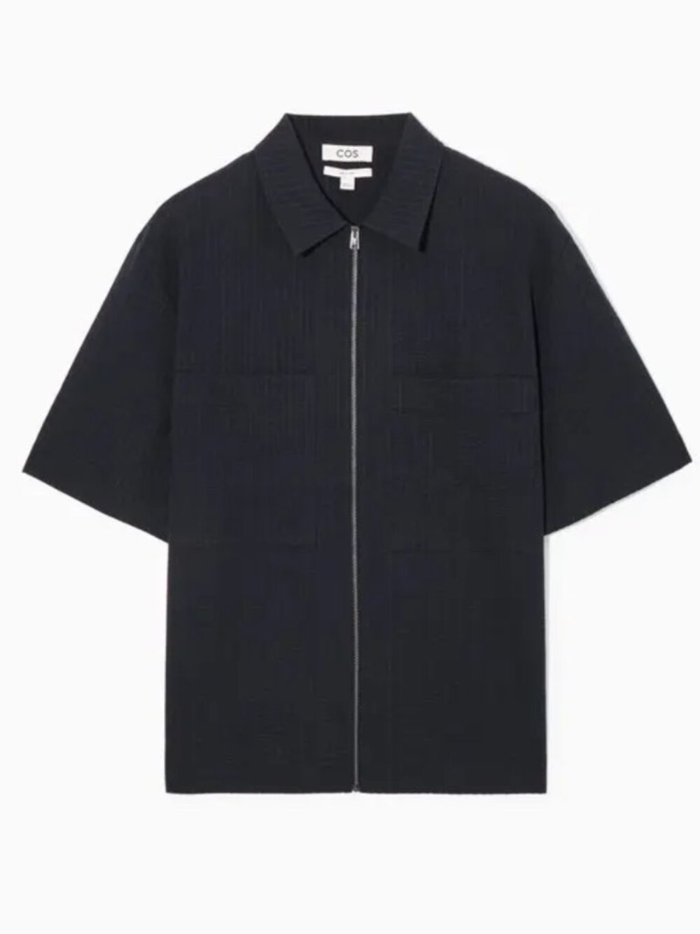 2/$100 NEW COS Relaxed Seersucker Cotton Black Short Sleeve Zip Up Shirt Jacket